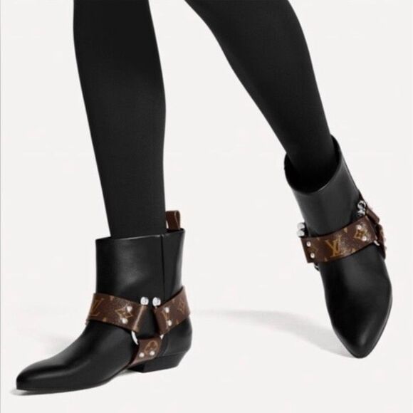 LOUIS VUITTON Rhapsody Black Ankle Boot Size 38 US 8 Monogram Harness - Picture 2 of 13